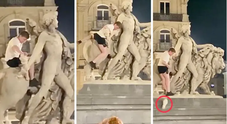 Турист се покатери на историческа статуя в Брюксел и случайно счупи част от нея (видео)