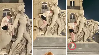 Турист се покатери на историческа статуя в Брюксел и случайно счупи част от нея (видео)