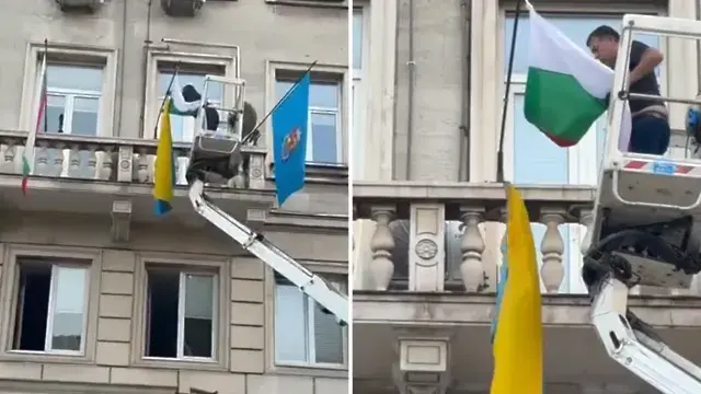 Бивш депутат щурмува с вишка Столична община, за да махне украинското знаме (ВИДЕО)