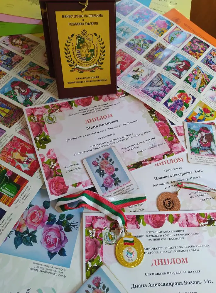  Деца от арт школа „ Колорит “ завоюваха най-високите оценки на Националния конкурс за детска рисунка „ Уханието на розата “ - Казанлък2025 