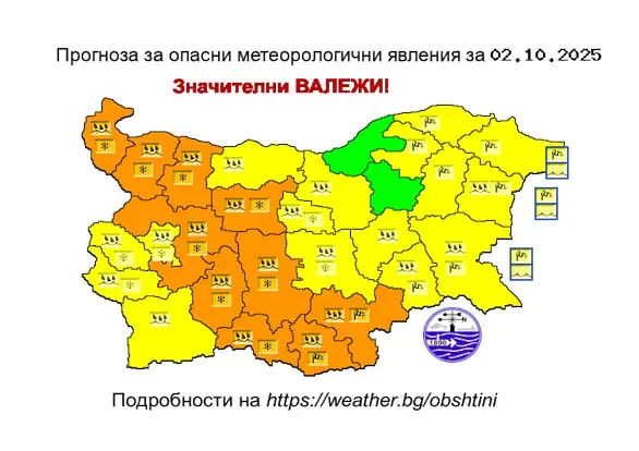 Оранжев код за значителни валежи в област Враца на 2 октомври обяви НИМХ