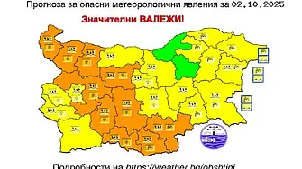 Оранжев код за значителни валежи в област Враца на 2 октомври обяви НИМХ
