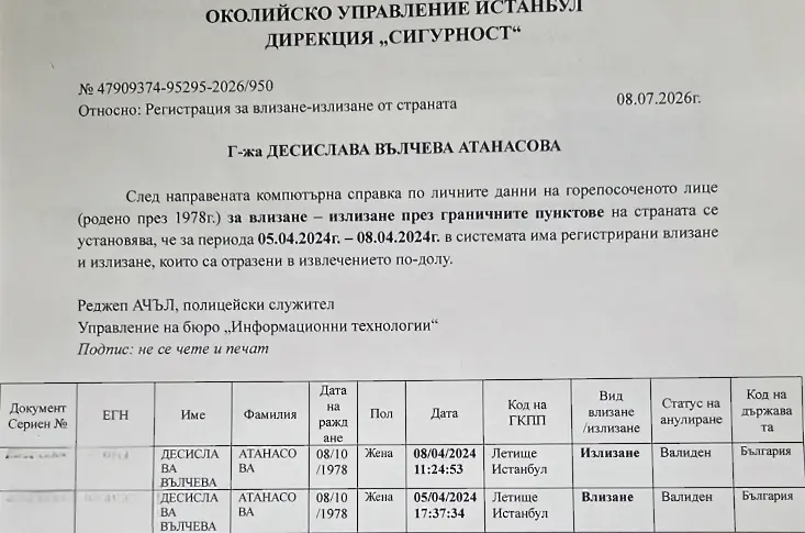Десислава Атанасова извади справка за пътуването ѝ до Турция (СНИМКИ)