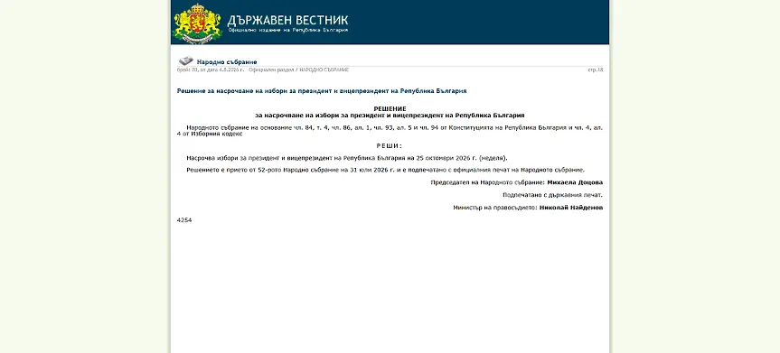 Официално: Обнародваха чрез „Държавен вестник“ президентските избори на 25 октомври
